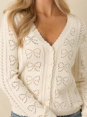 NEW Z Supply Gema V-Neck Cardigan Bow Knit Pattern Cloud (Ivory) - S